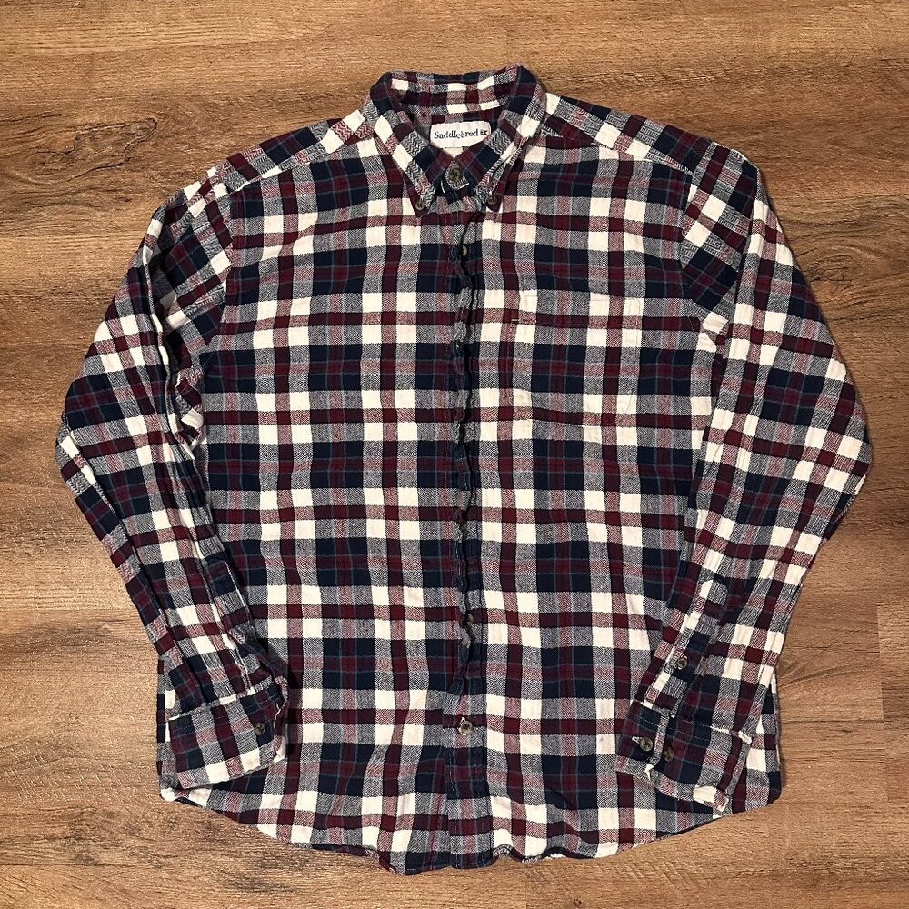 Saddlebred Casual Button Down Mens Large Burgundy Plaid Rugged Flannel Shirt
